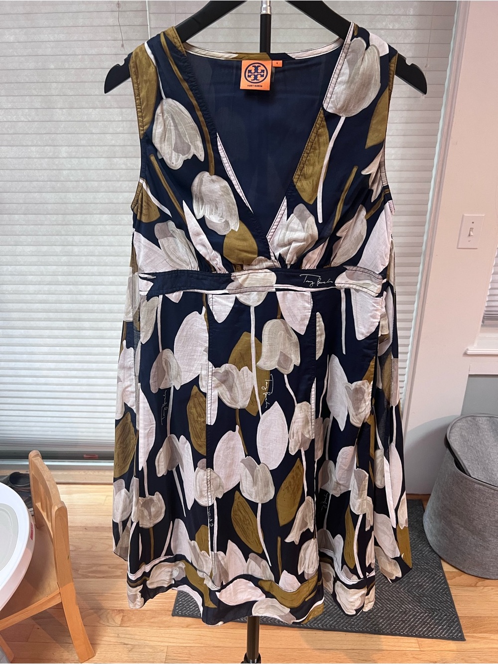 Tory Burch Sleeveless Floral Navy/Ivory Tulip Print Dress Tie Waist Size 4